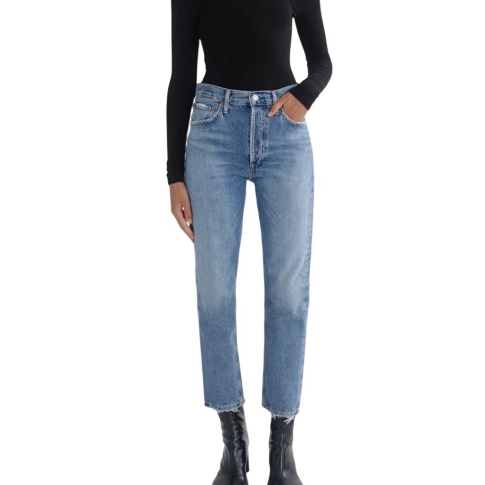 AGOLDE Riley Crop Jeans Womens 26 Blue Excellent High Rise Straight Raw Hem